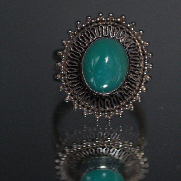 VINTAGE SILVER 950 CHRYSOPRASE SPLIT RING - Picture 2 of 5